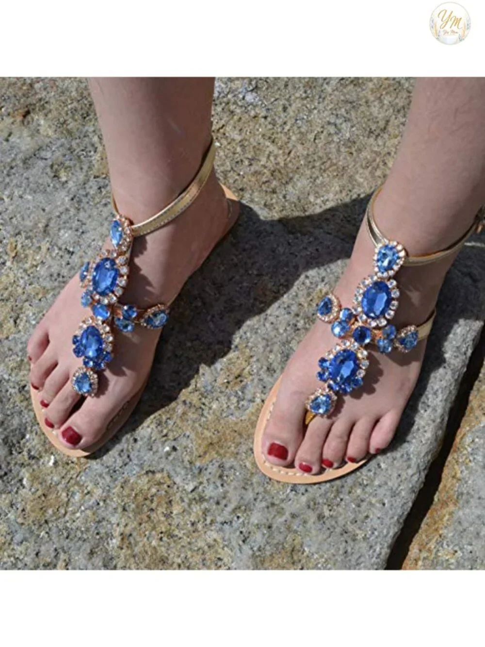 Rhinestone Gladiator Flat Sandals for Women, Sparkling Gem Bridal Bohemian